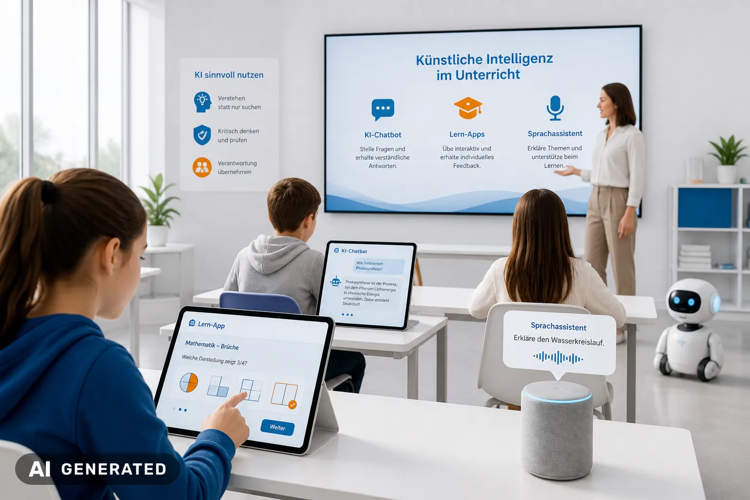 Futuristic classroom with AI tools and students