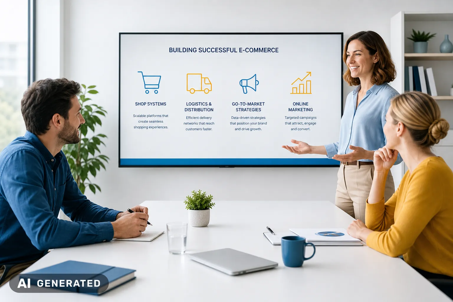People discussing e-commerce strategies in the office